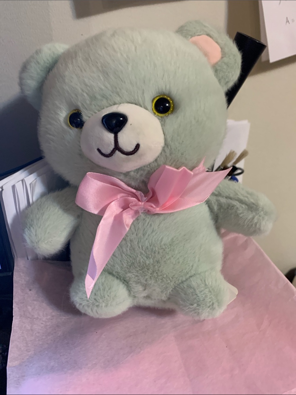 Mint Green Plush Teddy Bear with Pink Bow - Soft Cuddly Stuffed Animal